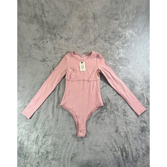 Reoria Bodysuit Women's Small Pink Crew Neck Long Sleeve Knit Ribbed Tops Slim - Picture 2 of 11